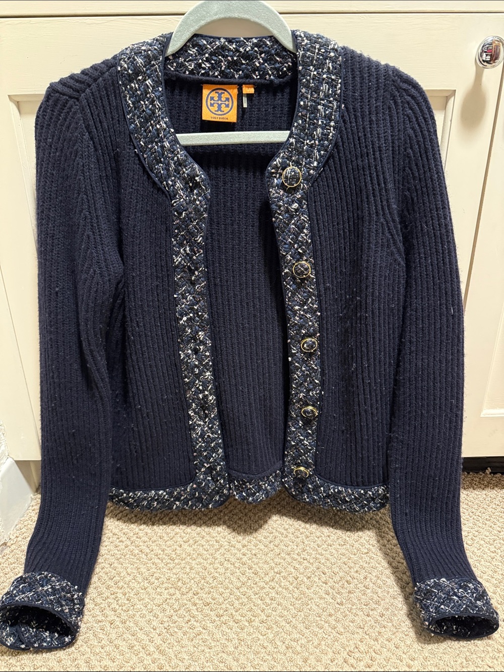 Tory Burch Navy Ribbed Knit Cardigan with Tweed Trim